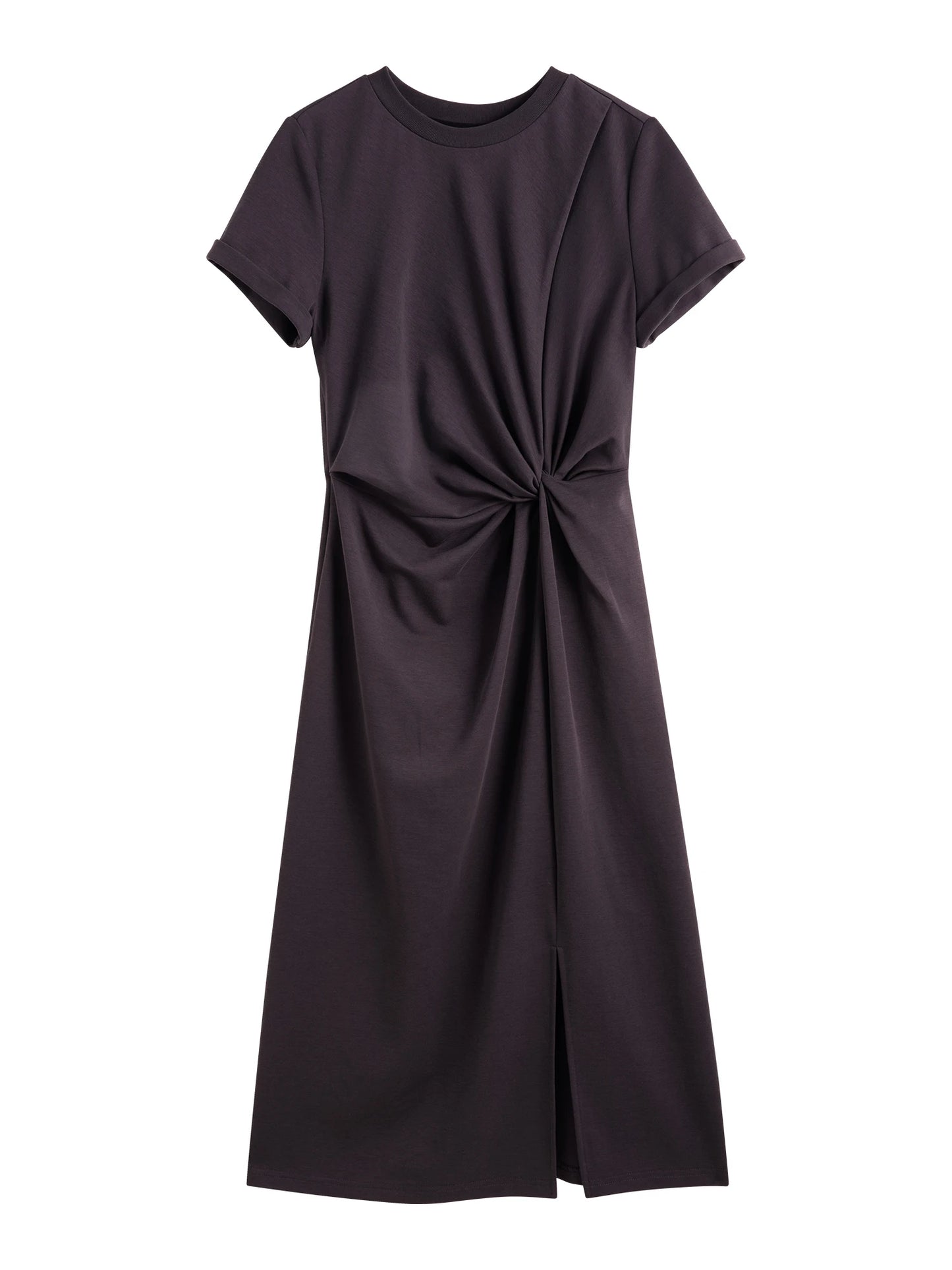 ZIQIAO Women Solid Long Dress 2025 Summer New Casual Round Neck T-Shirt Dresses Grey Short Sleeve X-LINE Dress 25ZQ92026