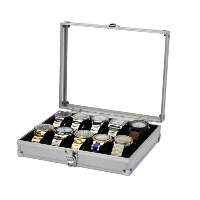 VANSIHO  Aluminum Watches 6/10/12 Grids Suitcase With Glass Window Watch Storage Aluminum Case  Watch Box Organizer For Men