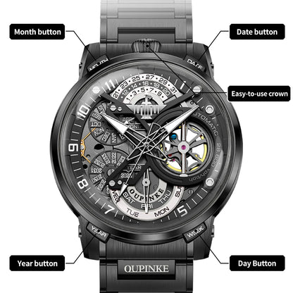 OUPINKE Black Steel Tourbillon Mens Wrist Watches Skeleton Automatic Mechanical Watch Fashion Wrist Watch Mens Sapphire
