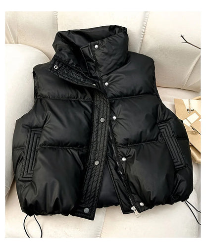 Winter Down Cotton Vest Jacket Women's 2025 New Sleevele Stand Parkas Warm Short Vest Coat Female Waistcoat Overcoat Ladies Tops
