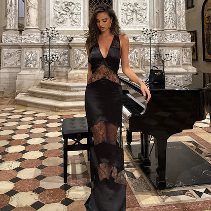 Elegant Lace Spliced Halter Long Dress Women Sexy Backless See Through Female Party Dresses 2025 Summer Lady Chic Evening Gowns