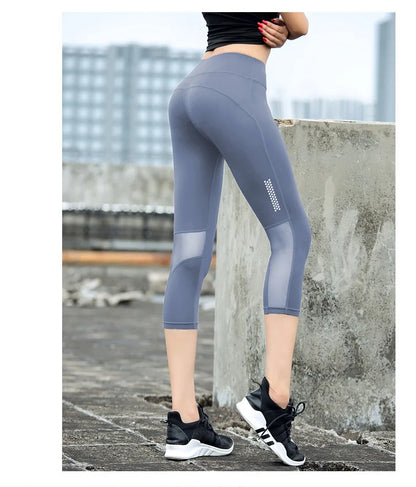 High Waist Mesh Sports Leggings Women Yoga Pants Quick Drying Capris Crop Fitness Tight Breathable Pant Running Gym Trousers