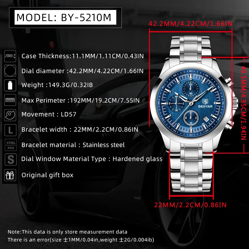 BENYAR Men's Watches Luxury Quartz Wristwatches Chronograph Watch Men Gifts Waterproof Stainless Steel Clock Reloj Hombre 2025