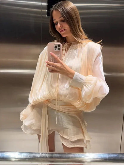 Women Solid O-neck Long Lantern Sleeve Short Dress Fashion Pleated High Waist Lace-up Mini Dresses Summer Vocation Lady Robe