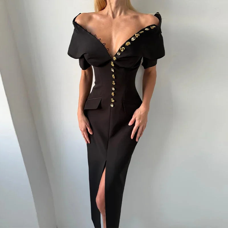 Chic Single Breasted Women's Dress Short Sleeve Slim Female Long Dresses 2026 Spring Summer Elegant Party Front Split Lady Robe