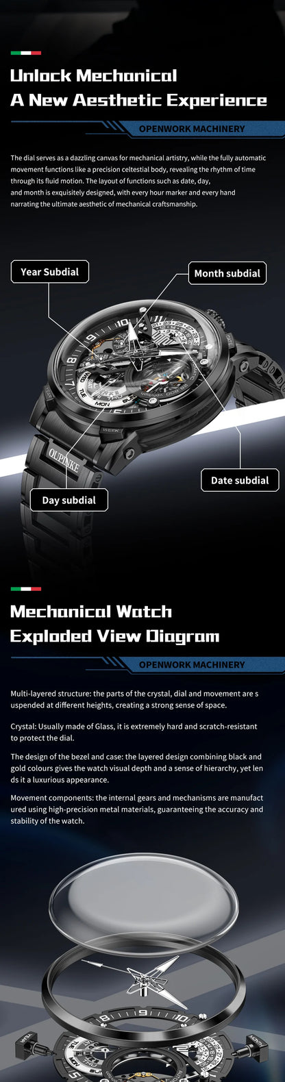OUPINKE Black Steel Tourbillon Mens Wrist Watches Skeleton Automatic Mechanical Watch Fashion Wrist Watch Mens Sapphire