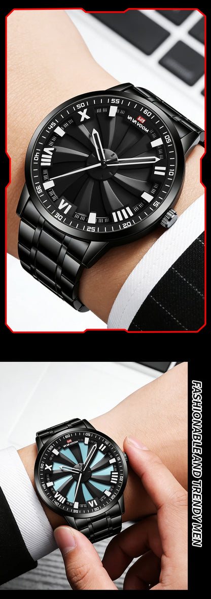 Sports Men Watch 43mm Red Rotating Dial Black Stainless Steel With Quartz Clock Simulation Car Hub 3Bar Daily Waterproof Watches