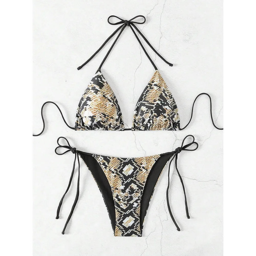 Sexy Leopard Print Two Piece Swimsuit Set Triangle Bra Suspender Halter Backless Bikini Set Beach Vacation Lace-up Swimwear 2025