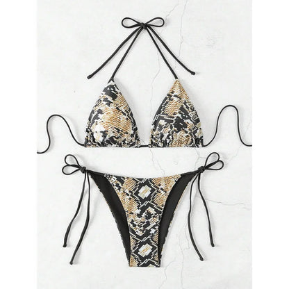 Sexy Leopard Print Two Piece Swimsuit Set Triangle Bra Suspender Halter Backless Bikini Set Beach Vacation Lace-up Swimwear 2025