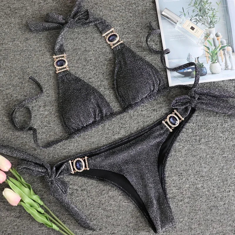 2026 Shiny Rhinestone Diamond Bikini Women Swimsuit Female Swimwear Two Pieces Bikini Set Halter Metal Chains Bathing Suit Swim