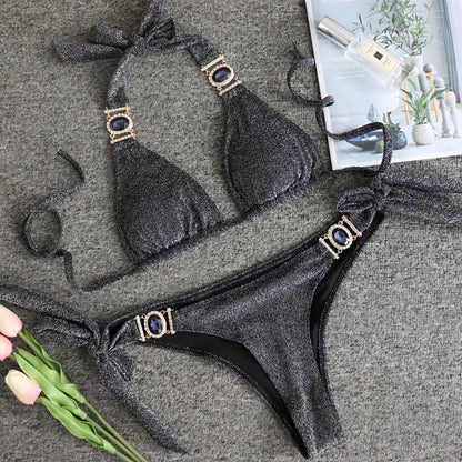 2026 Shiny Rhinestone Diamond Bikini Women Swimsuit Female Swimwear Two Pieces Bikini Set Halter Metal Chains Bathing Suit Swim