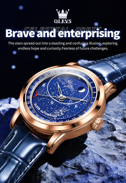 OLEVS 9923 Moon Phase Automatic Mechanical Watches for Man Fashion Leather Strap Waterproof Starry Sky Blue Luxury Men's Watches