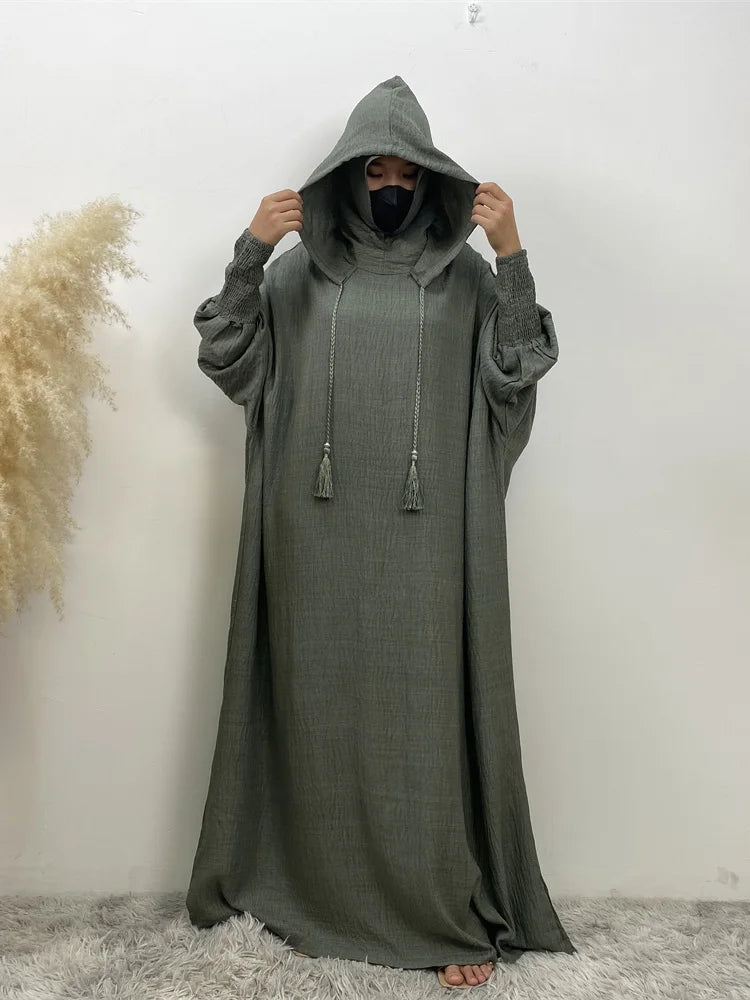 Hot Seller Ramadan Islamic Clothing Wrinkle Polyester Hoodie Abaya Dress With Undercap Muslim Women Abaya Hoodie Causal Dresses
