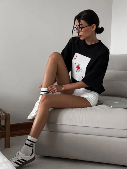 Bornladies 100% Cotton Poker Card Printed T-Shirt Women's Fashionable O-Neck Loose Short Sleeved Female Summer New Casual Top