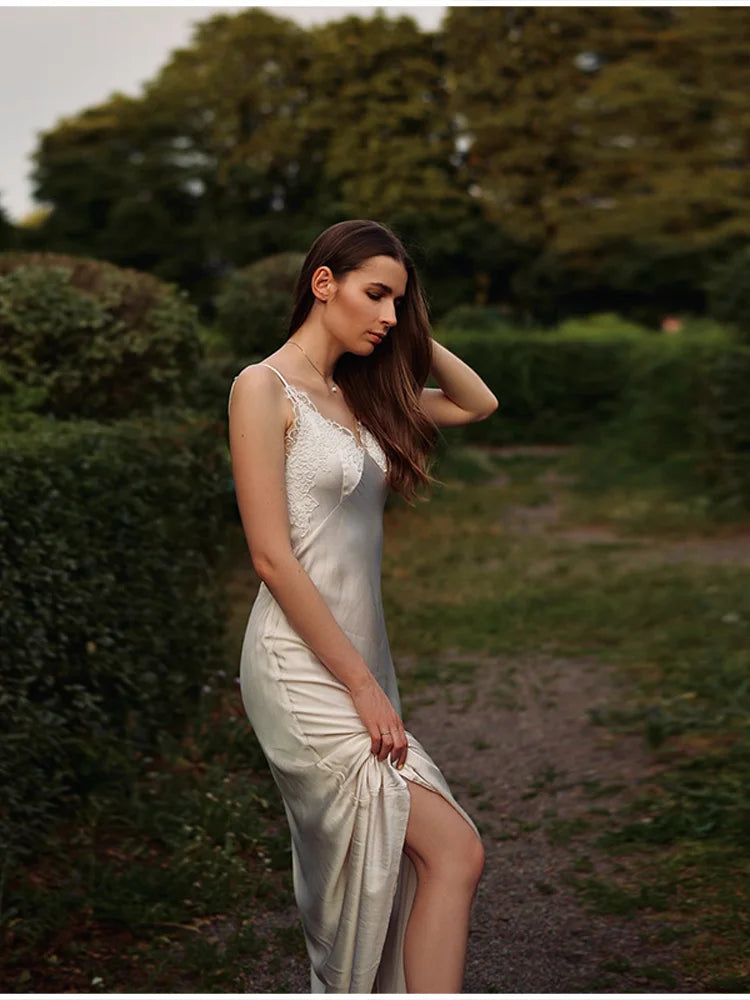 2025 Elegant Satin Solid Maxi Dresses Women Luxury Lace Splicing Sleeveless Off Shoulder Backless V-neck Robe Lady Party Outfits