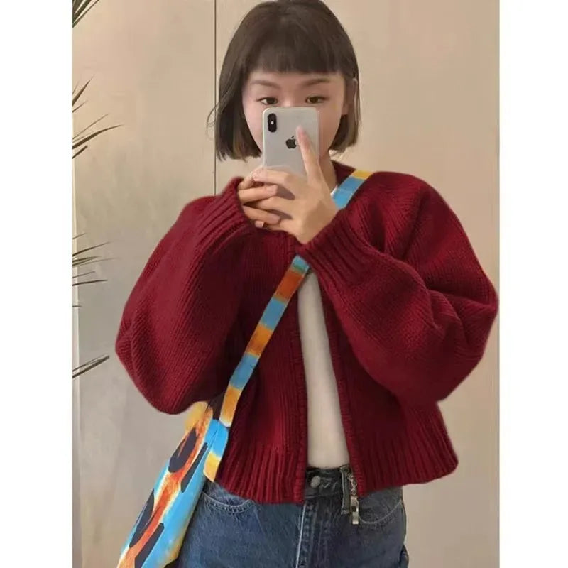 Korean Women Knitted Sweater Autumn Winter Chic Loose Long Sleeve Cardigan Tops Simple Solid Color Sweater Jacket