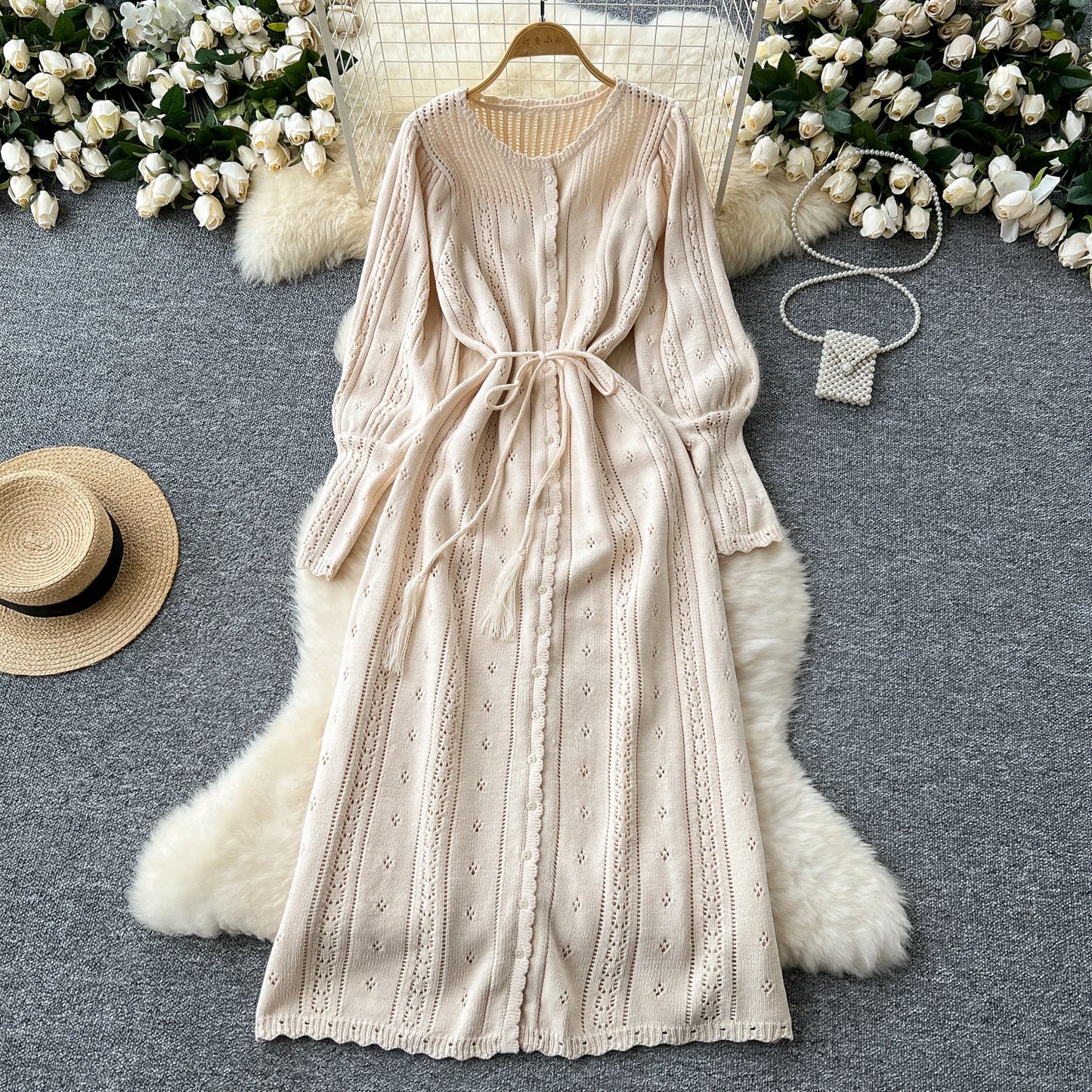 Women's Solid Single Breasted Hollow Out Knit Lace-up Dress Autumn Fashion Round Neck Elegant Festival Sweater Long Dresses 2024