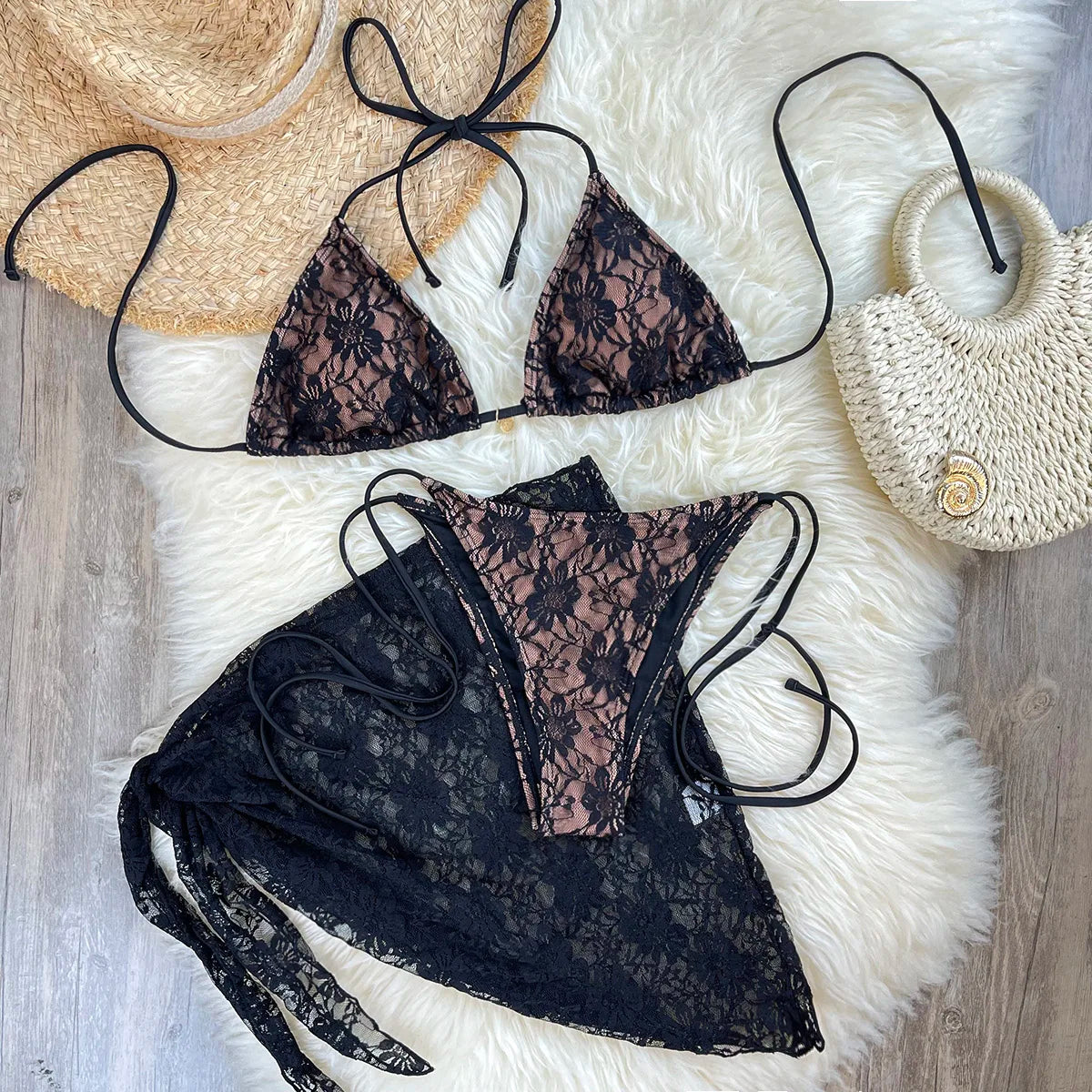 Lace Fabric Three-pieces Swimsuit Set With Sarong Bikini Inspired Women's Swimwear Beachwear Bathing Suit Vacay Outfit Biquini