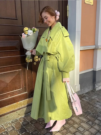 Women Green Lapel Trench Coat Fashion Belted Long Sleeve Loose Outerwear Chic 2025 New Autumn Street Travel Leisure Lady Outwear