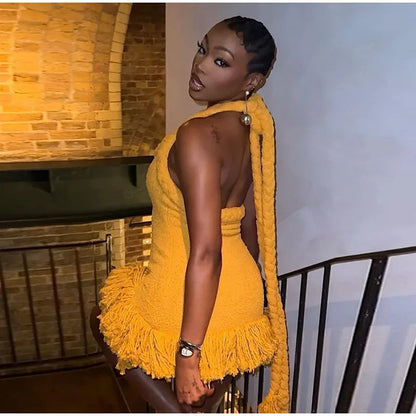 Tassels Hem Twist Strap Knitted Dress Women Sleeveless Backless Slim High Waist Dresses Female Holiday Evening Bodycon Robe