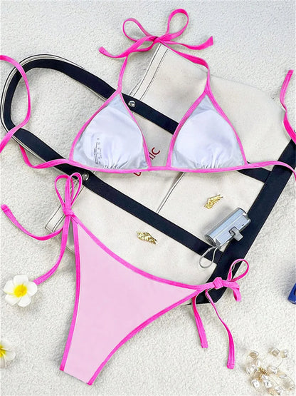 Vintage Blue Bikinis Set Triangle Border String Swimsuit Push Up Swimwear Backless Extrem Bikini Women Beach Outfit Bathing Suit