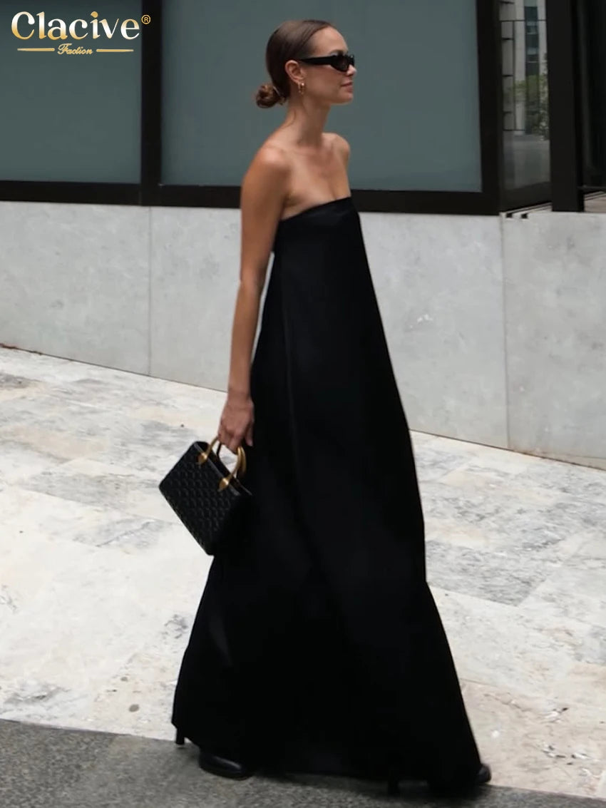 Clacive Summer Loose Black Women's Dress 2025 Fashion Strapless Sleeveless Maxi Dresses Sexy Classic Solid Dress Female Clothing