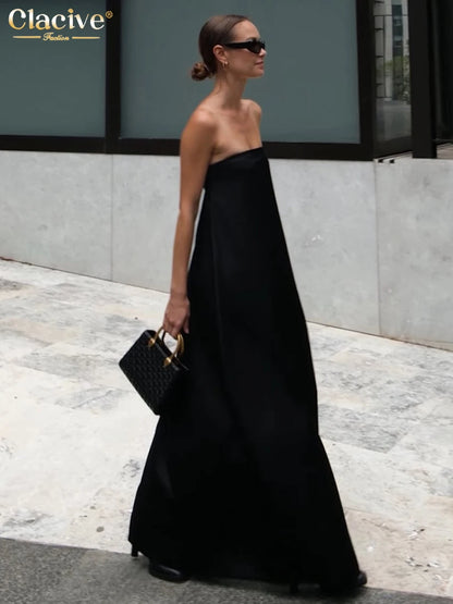 Clacive Summer Loose Black Women's Dress 2025 Fashion Strapless Sleeveless Maxi Dresses Sexy Classic Solid Dress Female Clothing