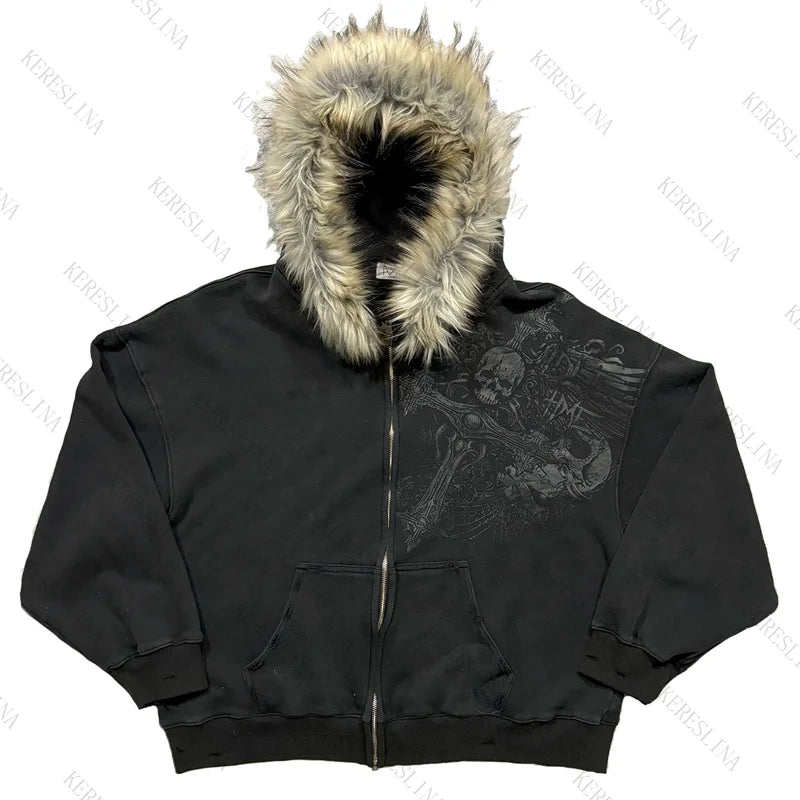 Fur collar cardigan zipper hooded jacket autumn and winter punk hip-hop rock dark style rock fashion all-match Y2K retro jacket