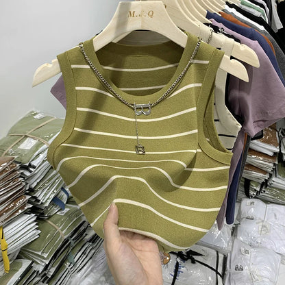 AOSSVIAO 2026 New Waistcoat Women Wear Striped Wide Edge Temperament Summer Top Short Knit Sleeveless Bottom Shirt