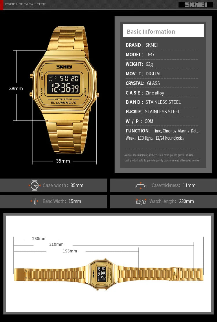 SKMEI 1647 Casual Simple Mens Wristwatches Stainless Steel Band Waterproof Watch Men reloj hombre Retro LED Digital Male Watches