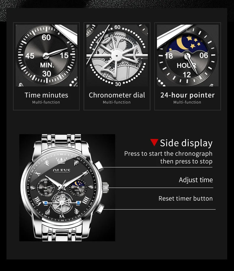 OLEVS 2856 Original Watches Man Multifunctional Chronograph Quartz Watch Waterproof Luminous Moon Phase Watches For Man Reloj
