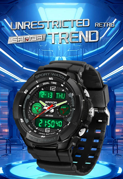 SANDA 6197 Top Class Men's Korean Student Electronic Watch Sports Multi functional Alarm Clock Waterproof Men's Watches 2024