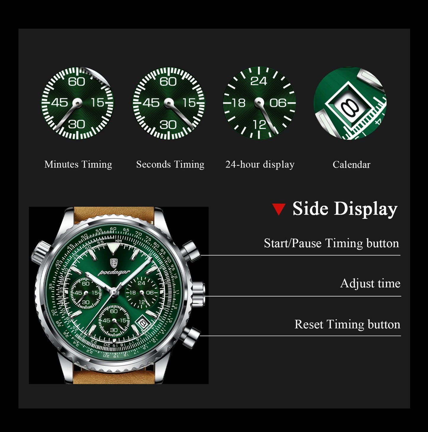 POEDAGAR Business Men Wristwatch Waterproof Luminous Date Chronograph Sport Man Clock Leather Quartz Fashion Men's Watches Reloj