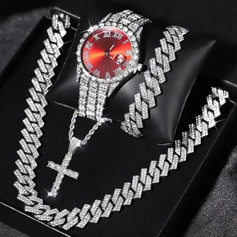 3/4PCS Hip Hop Iced Out Men's Watch Jewelry Set Luxury Rhinestone Quartz Wristwatch Cuban Link Chain Accessories（Without Box）