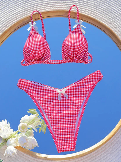 Plaid Print Bikinis Bow Swimwear Women Swimsuit Triangle Bikini Set Bandage Bath Suit Low Waist Thong Beachwear New Biquini