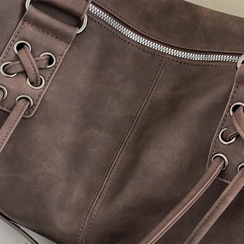 Retro Motorcycle Handbag Women Horizontal Tote Storage Tassel Design Pillow Shoulder Bag Trendy Large Capacity Soft Underarm Bag