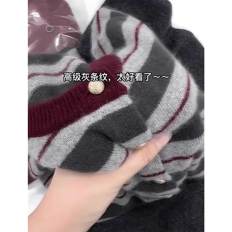 European goods striped cashmere cardigan women spring and autumn new round neck soft waxy senior sense wool knit sweater coat