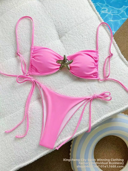 Sexy Solid Color Bikini Set Two Piece Swimsuit Pure Color Quick Dry Backless High Elasticity Nylon Fabric for Swimming And Wa...