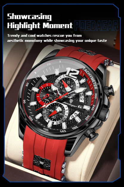 POEDAGAR Functional Watch For Men Date Chronograph Luminous Waterproof Silicone Classic Male Watch Quartz Original Men's Watches