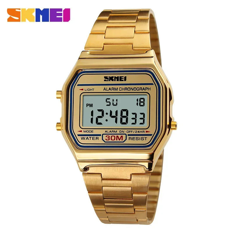 SKMEI 1123 Luxury Retro Digital Sports Watch for Men Stainless Steel Waterproof Mens Wristwatches Steel Clock 1328 Reloj Hombre
