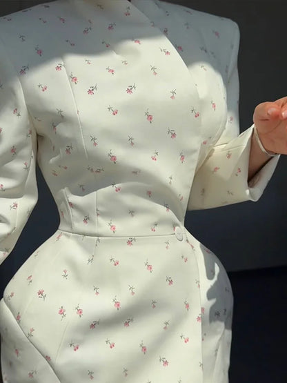 White Waist Cinching Floral Shoulder Pad Blazer Long Sleeve Single Breasted Jacket for Summer 2025 Elagant Female Outwear