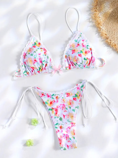 Plaid Print Bikinis Bow Swimwear Women Swimsuit Triangle Bikini Set Bandage Bath Suit Low Waist Thong Beachwear New Biquini