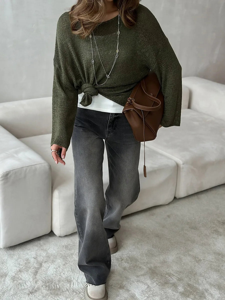 Bornladies Simple Solid Color Long Sleeved Sweater Women's Spring Knitted Hollow Top Loose Versatile Casual Sweater Pullovers
