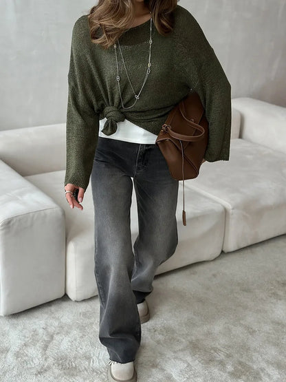 Bornladies Simple Solid Color Long Sleeved Sweater Women's Spring Knitted Hollow Top Loose Versatile Casual Sweater Pullovers