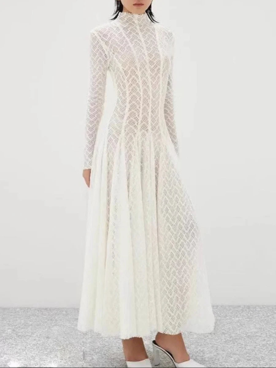 TWOTWINSTYLE Hollow Out Mesh Long Dress for Women Stand Collar Slimming Long Sleeve High Waist Chic Pleated Dresses Female New