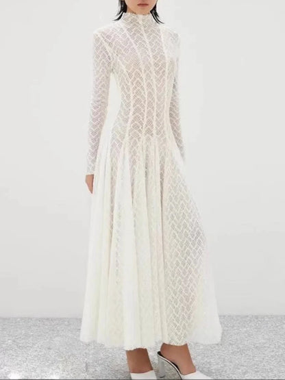 TWOTWINSTYLE Hollow Out Mesh Long Dress for Women Stand Collar Slimming Long Sleeve High Waist Chic Pleated Dresses Female New