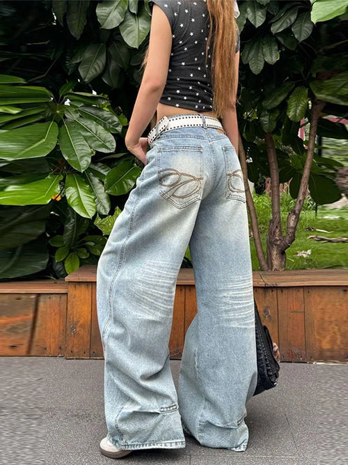 Women's Jeans Vintage Printed High Waist Zipper Pockets Straight Leg Trousers Female 2026 Spring Fashion Woman Clothes Outwears