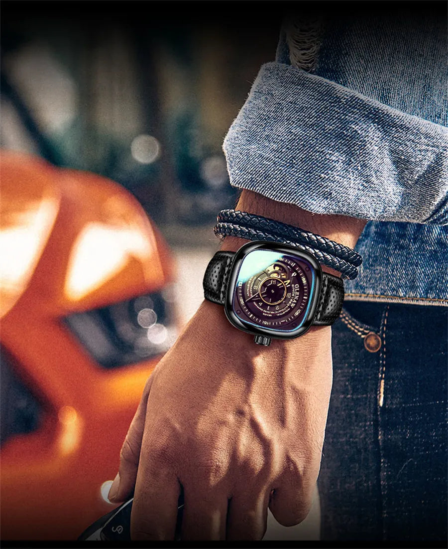 GLENAW Mechanical Watch for Men Breathable Leatherstainless Steel Automatic Skeleton Mens Watches Top Brand Luxury Reloj Hombre