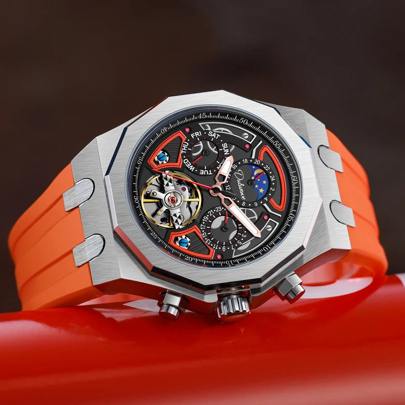 Luxury Tourbillon Watches Men Fashion Sport Rubber Strap Moon Phase Date Waterproof Automatic Mechanical Wrist Watch Man Reloj