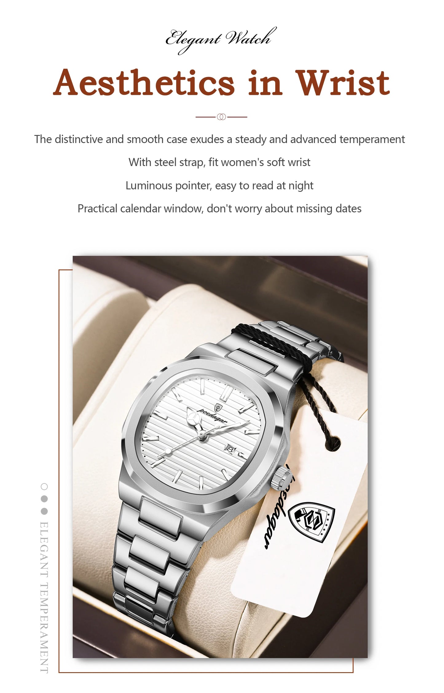 POEDAGAR Elegant Women's Watch Waterproof Luminous Date Fashion Ladies Wristwatch Stainless Steel Quartz Watches For Woman Reloj